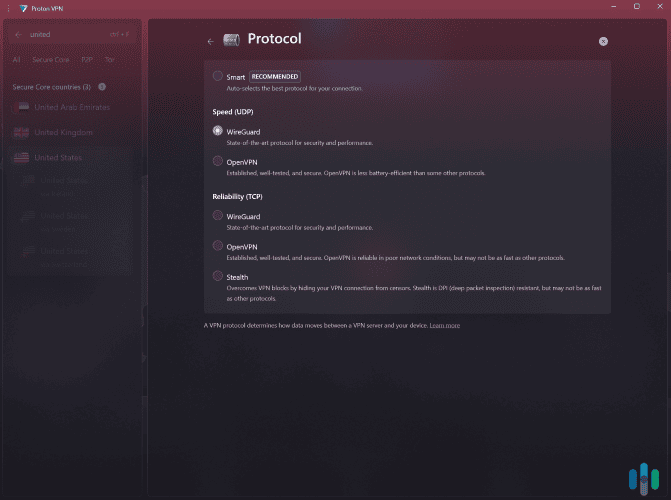 Proton VPN's apps offer access to secure protocols.