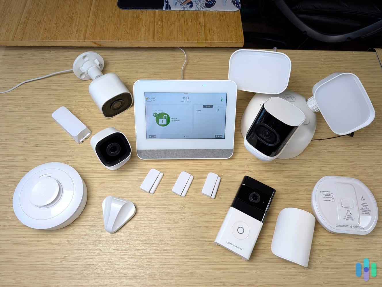 Frontpoint-system-components-on-desk The Frontpoint security system.