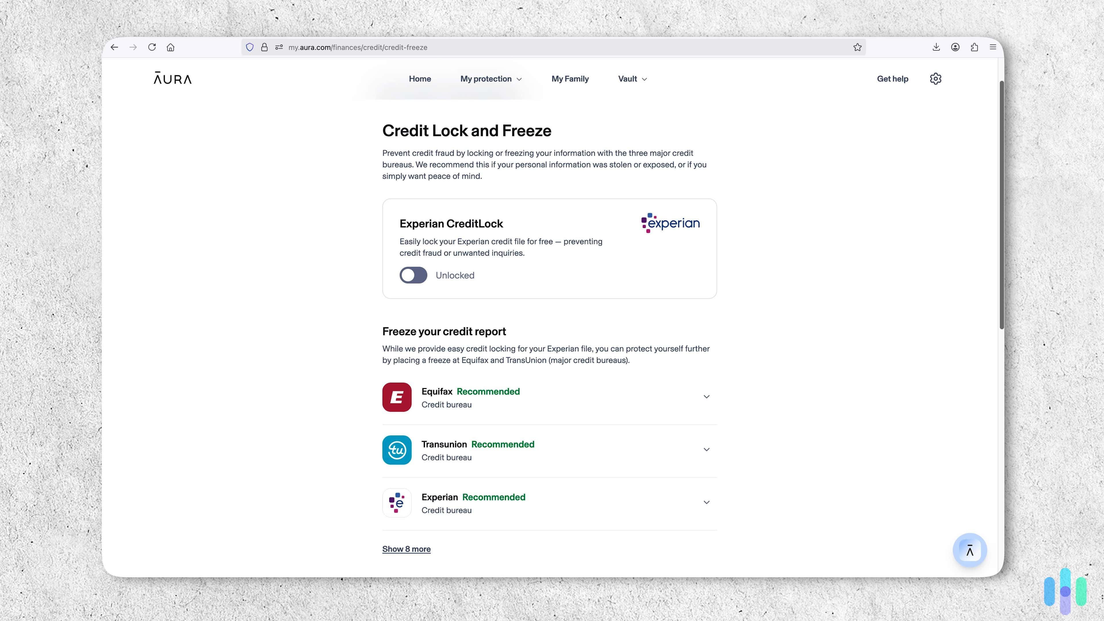 Aura encouraged us to lock our credit reports at the three major bureaus; we took their advice.