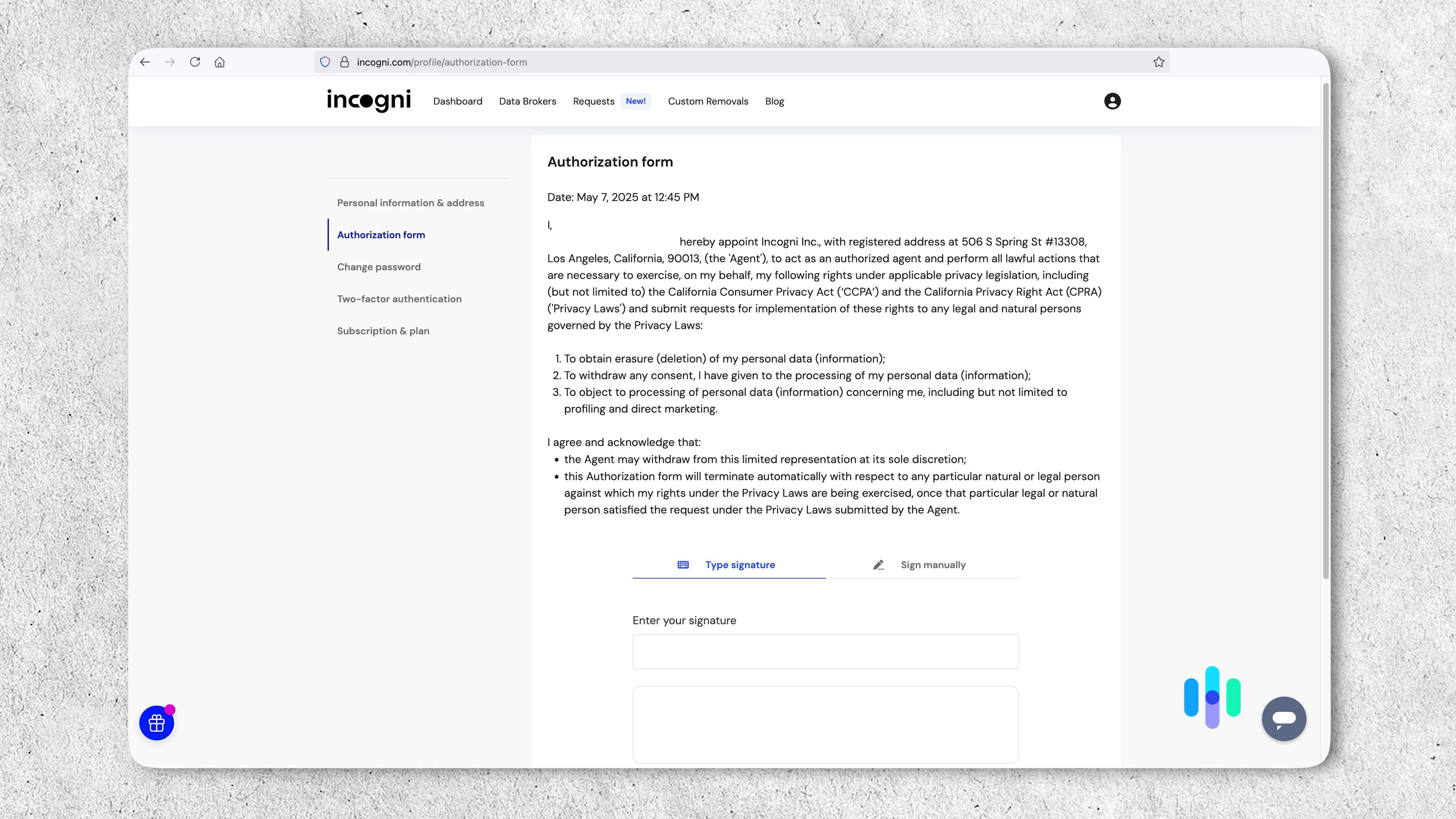 Incogni authorization form