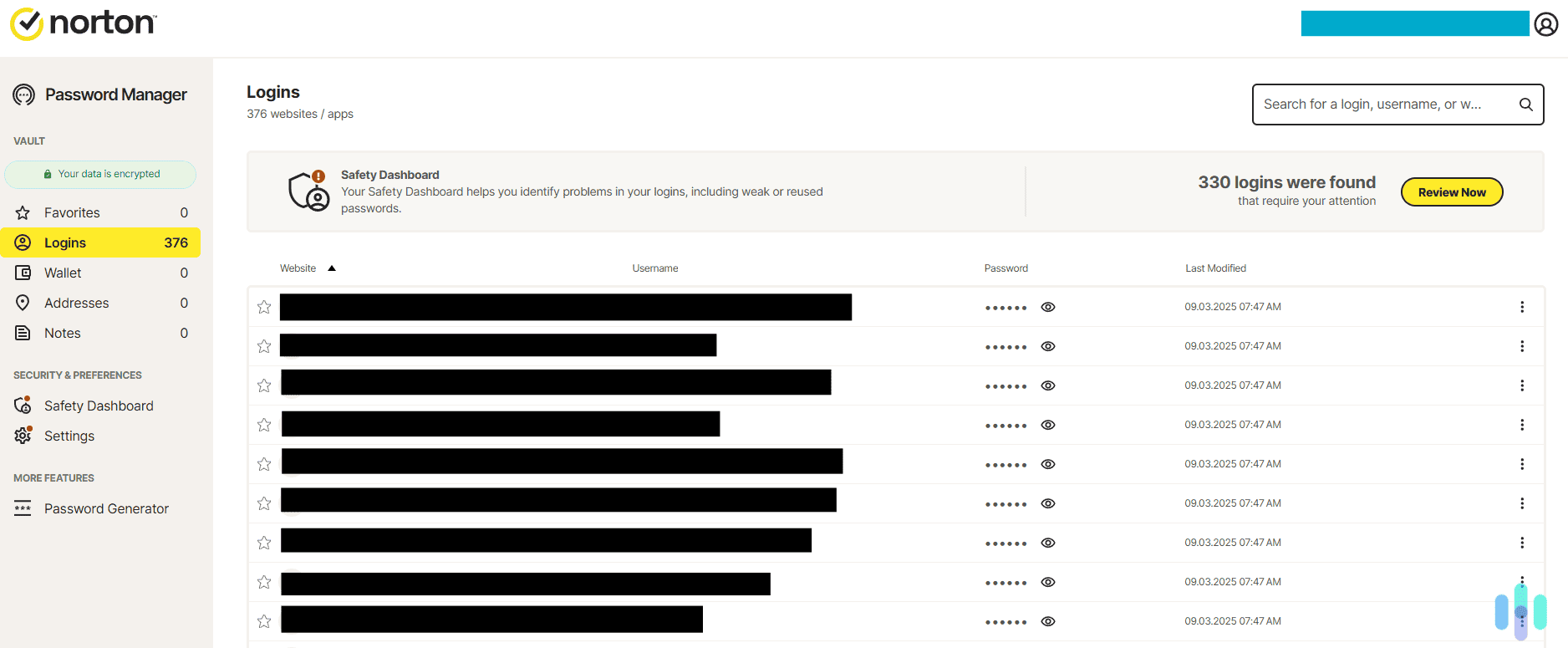 Norton’s simple but clean dashboard showing a list of all our 376 logins