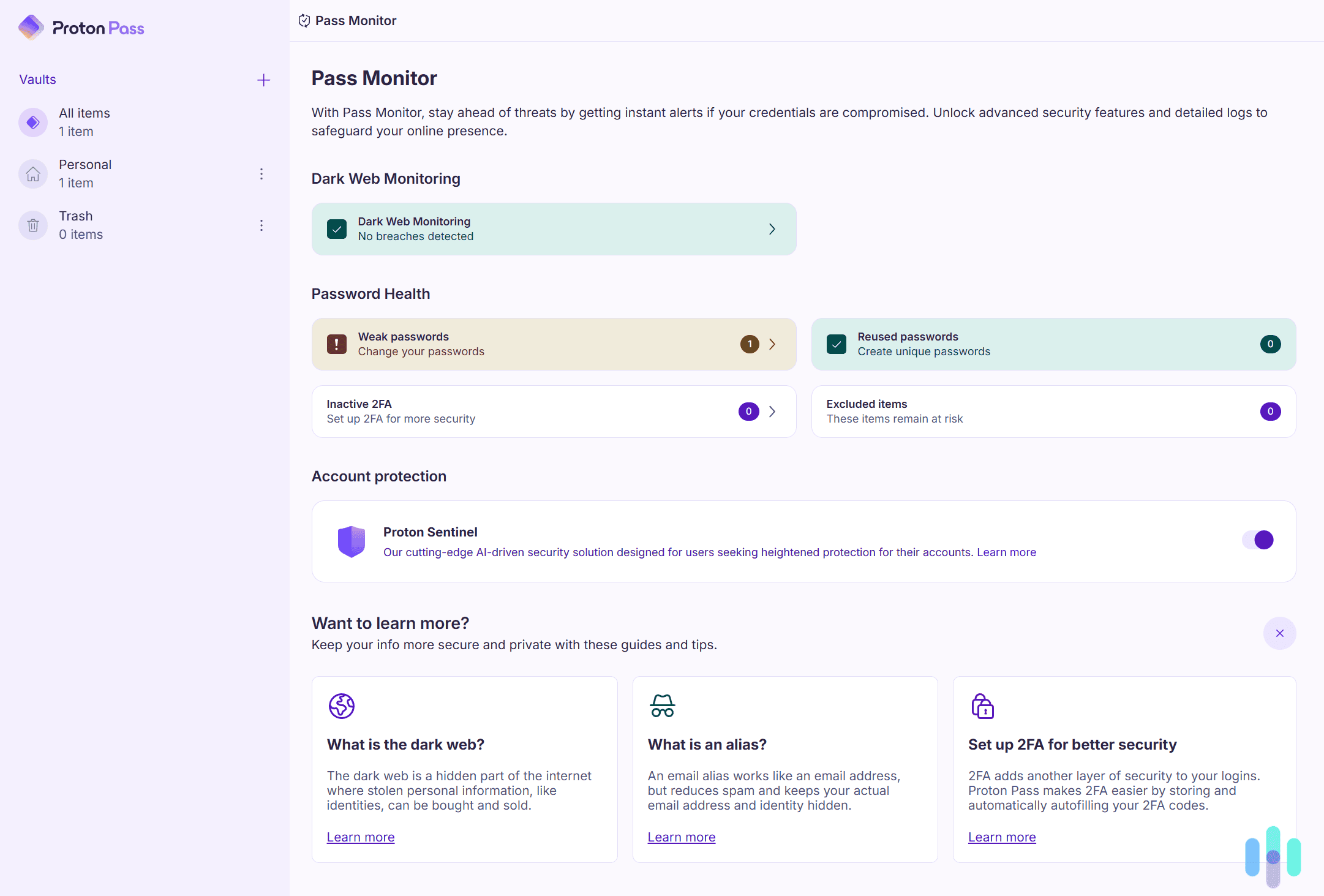 Proton Pass has many useful built-in security tools. (1) A look at the clean, end user dashboard of Proton Pass