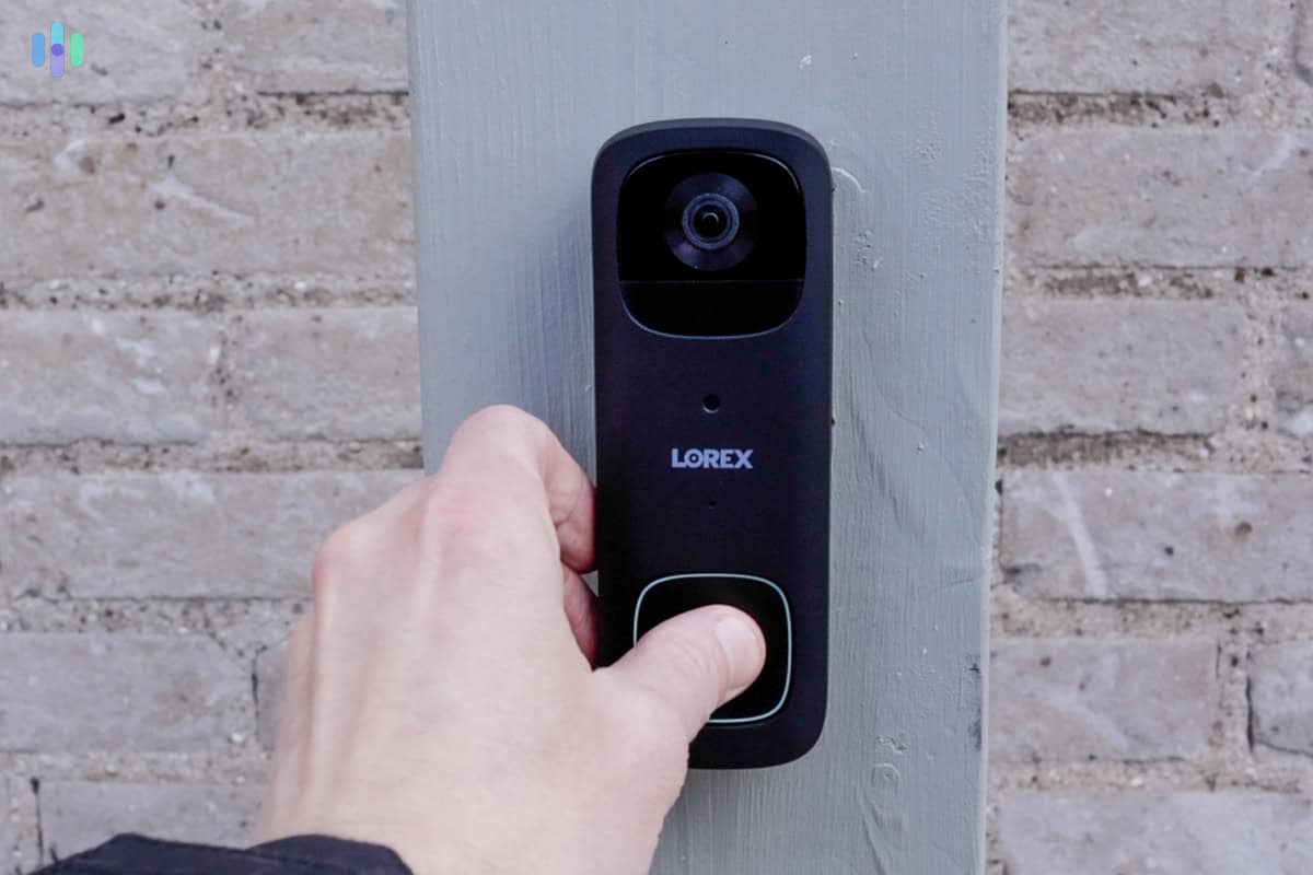 Lorex Doorbell with Box The doorbell button on our Lorex Video Doorbell sends us a notification and records a clip so we can see who it is.